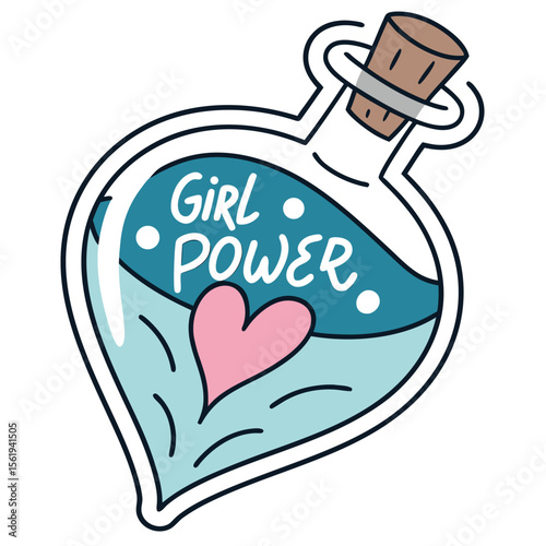 A Heart Shaped Potion Bottle Filled With Blue Liquid and a Pink Heart Embodying Girl Power and Feminine Strength