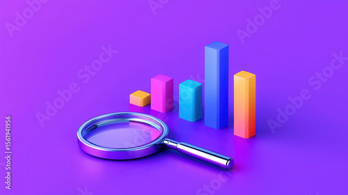 Colorful 3D bar graph with magnifying glass on vibrant purple background, symbolizing data analysis and financial growth