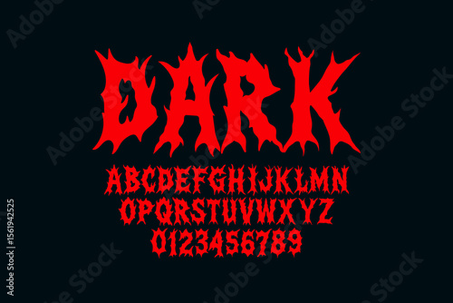 Dark Lettering tattoo vector type font in bloody style. Grunge type font with Gothic Punk Rock elements. Scary tattoo font concept. Horror style lettering for y2k print design