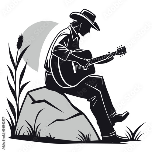 Man in Hat Plays Guitar Sitting on Rock by Water with Moon and Plants