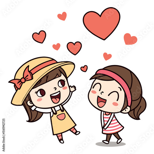 Two Happy Girls Sharing Love and Friendship Together Under Hearts