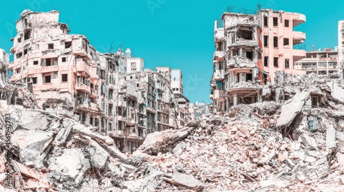 Devastated Urban Landscape with Collapsed Building Structures and Debris under a Clear Blue Sky