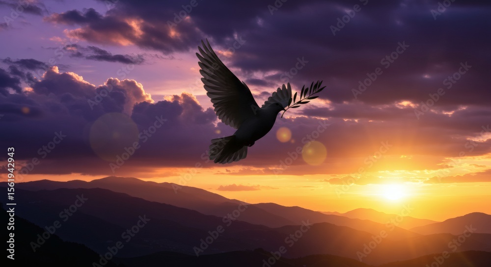 Obraz premium Dove of Peace Sunset Flight Above Mountains.