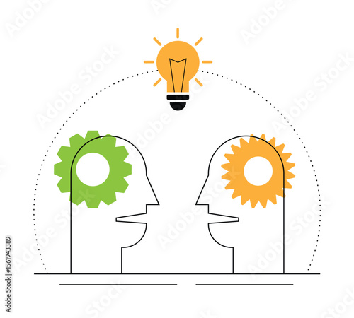 Two Abstract Heads Generating a Bright Light Bulb Idea. Discussing business and offering a collective solution to a problem vector art