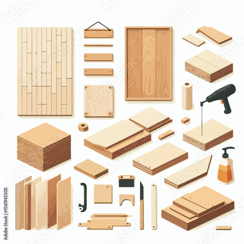 image of a set of plywood and wooden boards with a simple and minimalist flat design using a white background