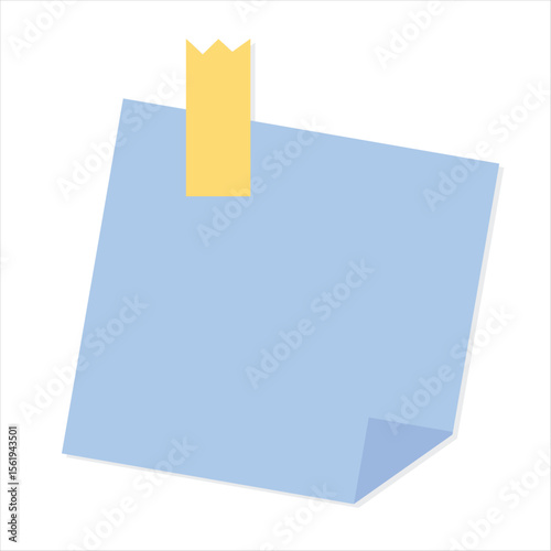Flat blue memo note with curled corner and yellow tape, vector on white