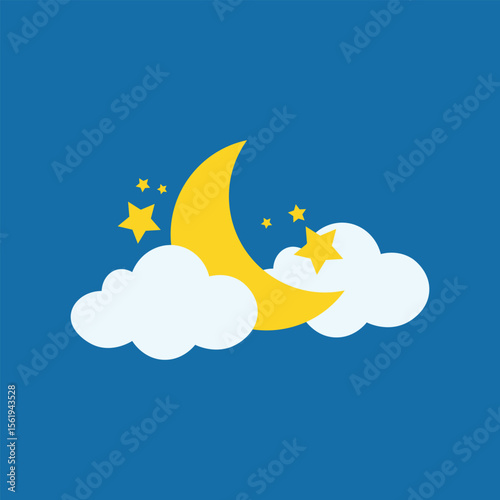 Flat vector illustration of a crescent moon, fluffy clouds, and twinkling stars on a blue night sky. Perfect for bedtime themes, nursery decor, or weather icons.