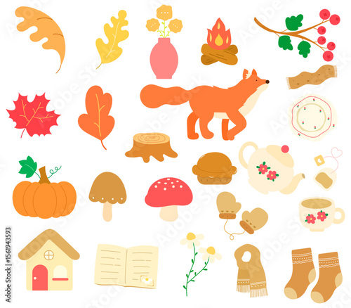 collection of autumn elements in flat illustration style such as leaves, pumpkin, mushrooms, Scarf, teapot, teacup, plate, tea bag, chamomile flower, house, socks, tree stump, wolf, campfire