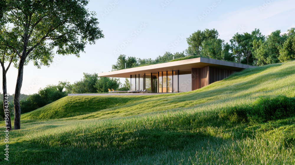 Obraz premium Modern house situated on grassy hillside, surrounded by lush trees and clear sky, embodies tranquility and sustainable living