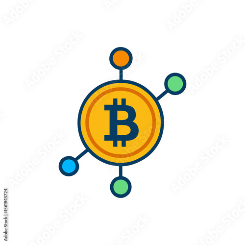 Bitcoin icon network logo with nodes symbolizing blockchain. Suitable for web design, presentations, articles, and social media content.