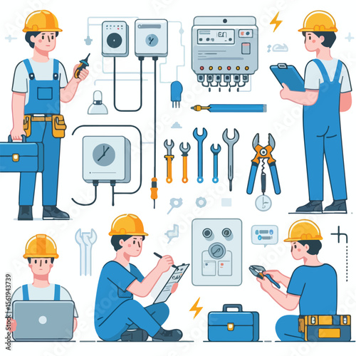 Image set of Electrician on a project with a simple and minimalist flat design using a white background
