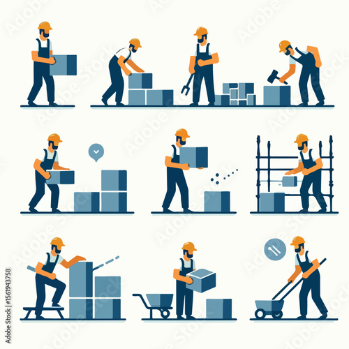 image set of Workers moving blocks with simple and minimalist flat design using white background