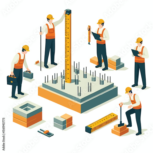 Image set of workers measuring the foundation with a simple and minimalist flat design using a white background
