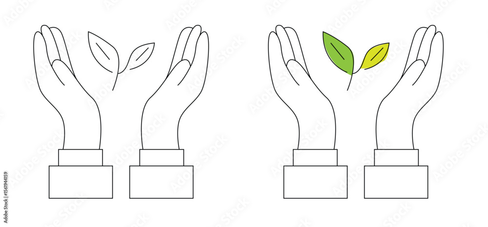 Obraz premium Hands Holding a Sprout Green Plant Line Art. Nature and ecology, taking care of plants and flowers vector art