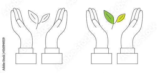 Hands Holding a Sprout Green Plant Line Art. Nature and ecology, taking care of plants and flowers vector art