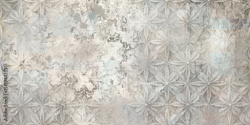 Grunge concrete wall with ornaments and prints. Colorful ceramic wall tiles decoration. Abstract damask patchwork background
