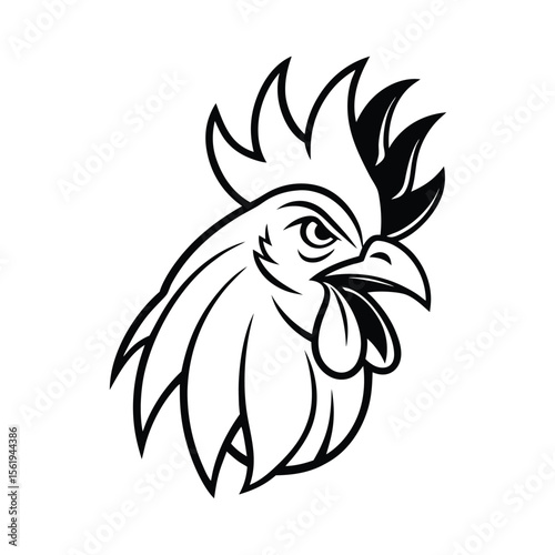 fierce rooster head with sharp beak and feather tips version one on white background Vector illustration