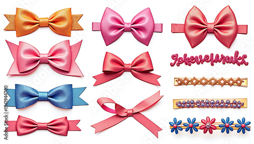 A collection of colorful satin bows in various shades including orange, pink, purple, and blue, neatly arranged on a white background, decorative and vibrant, 4K and HD.