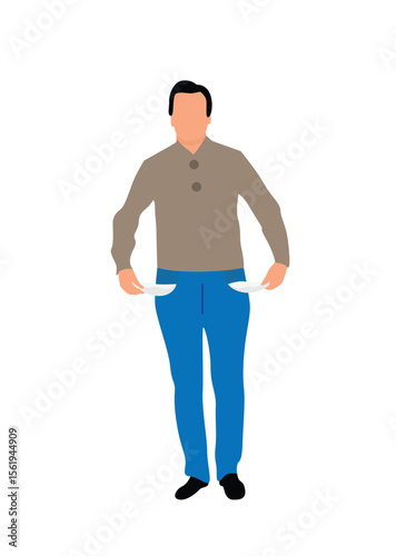 Man Showing Empty Pockets Isolated on White. People experiencing financial difficulties and financial problems vector art
