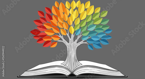 This high-quality vector illustration features a distressed halftone paper tree with a book trunk and vibrant rainbow-gradient paper leaves, emphasizing creativity, nature, and literary art.