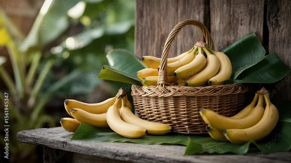 Ripe yellow bananas in wicker basket rustic still life
