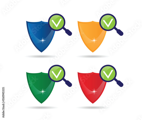 Shield with Magnifying Glass Isolated on White Different Colors. Online protection functioning properly and surfing internet safety