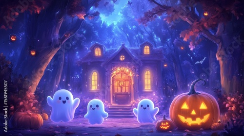 Cute cartoon ghosts and pumpkins in front of a spooky haunted house in a dark forest at night for Halloween. Samhain
