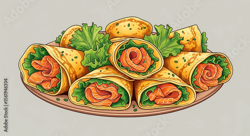 This high-quality vector illustration features golden-yellow savory crepes filled with smoked salmon and fresh green lettuce, emphasizing food, elegance, and retro design.
