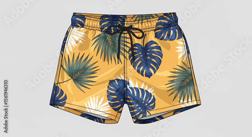 This high-quality vector illustration features bright yellow swim trunks with a tropical leaf pattern in deep blue and muted green, emphasizing summer, vacation, and retro design.