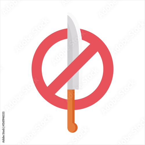 No sharp weapons allowed icon with machete and red ban sign on white background