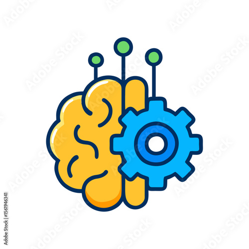 Machine learning icon brain gear nodes illustrate intellect technology innovation. Suitable for techrelated designs, websites, presentations, and educational materials.