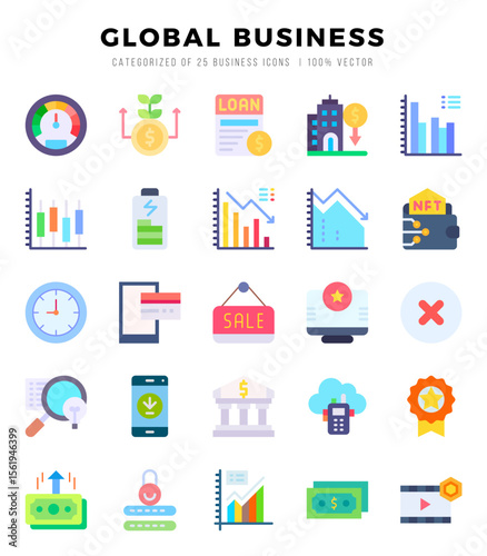 Global Business Flat icons collection. Flat icons pack. Vector illustration