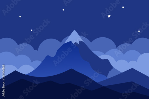 Blue mountain landscape vector with misty peaks and a sunrise sky