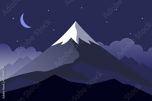 Mountain landscape vector illustration of a snowy peak at sunset, with Mount Fuji reflected in the lake under a night sky