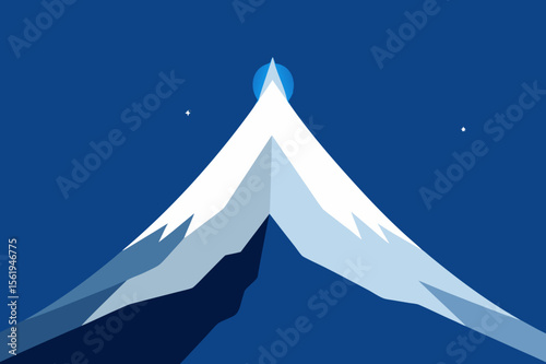 Vector illustration of a tent in a snowy mountain landscape with a sunset sky