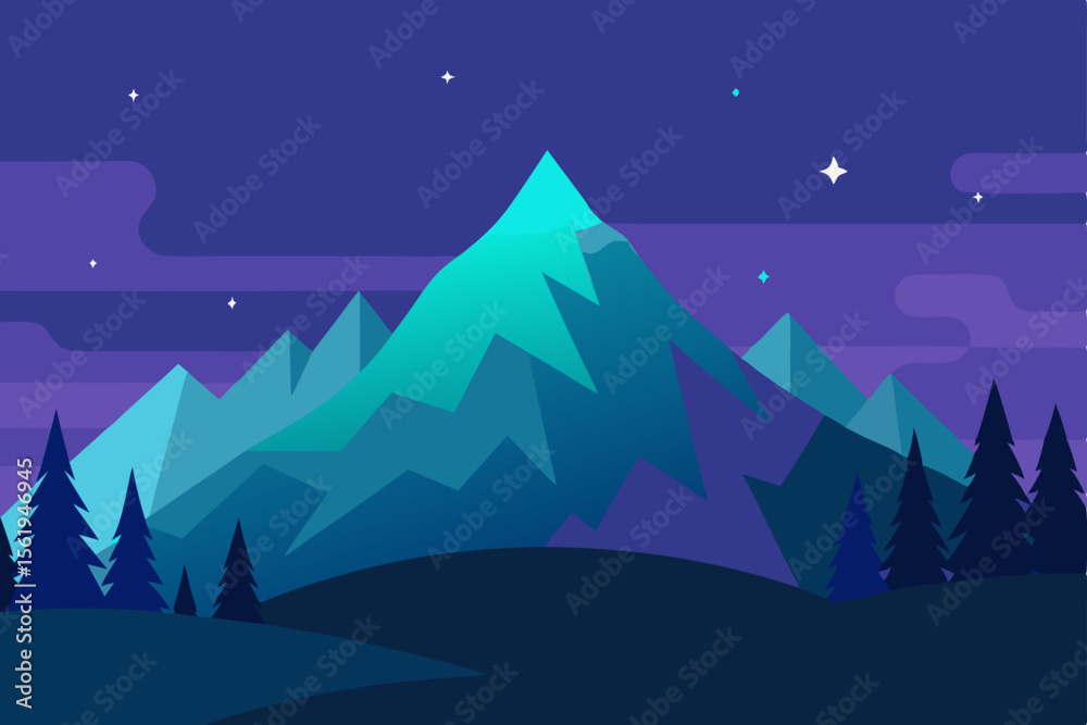 Fototapeta premium A vector illustration of a peaceful winter night landscape with a snow-covered house, festive Christmas trees, and a starry sky over cold mountains