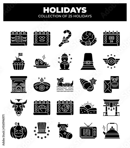 Collection of 25 Holidays. Festive Icons and Symbols