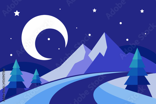 Christmas winter night landscape with snowy trees and stars, a festive holiday illustration