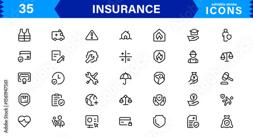 Insurance Icon Set Featuring Protection, Policy, Coverage, Claims, and Risk Management Concepts in a Clean, Professional, and Marketable Vector Style