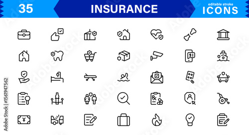 Insurance Icon Set Featuring Protection, Policy, Coverage, Claims, and Risk Management Concepts in a Clean, Professional, and Marketable Vector Style