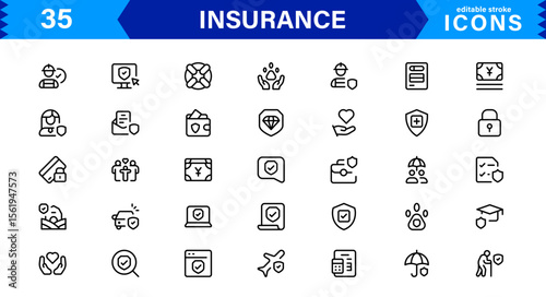 Insurance Icon Set Featuring Protection, Policy, Coverage, Claims, and Risk Management Concepts in a Clean, Professional, and Marketable Vector Style