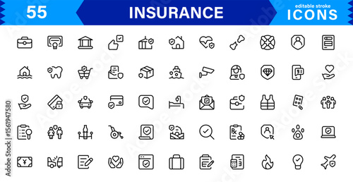 Insurance Icon Set Featuring Protection, Policy, Coverage, Claims, and Risk Management Concepts in a Clean, Professional, and Marketable Vector Style