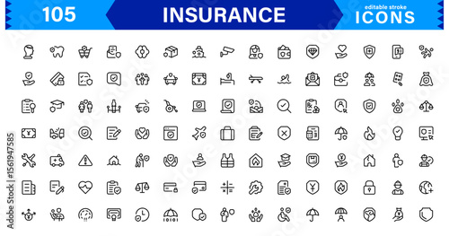 Insurance Icon Set Featuring Protection, Policy, Coverage, Claims, and Risk Management Concepts in a Clean, Professional, and Marketable Vector Style