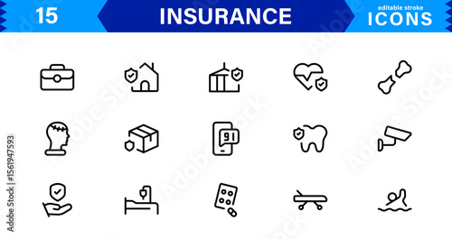 Insurance Icon Set Featuring Protection, Policy, Coverage, Claims, and Risk Management Concepts in a Clean, Professional, and Marketable Vector Style