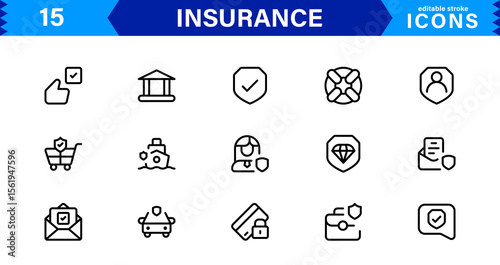 Insurance Icon Set Featuring Protection, Policy, Coverage, Claims, and Risk Management Concepts in a Clean, Professional, and Marketable Vector Style