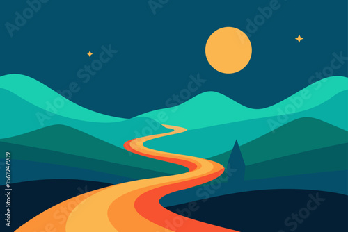 Night mountain landscape vector illustration with moon, stars, and dark sky