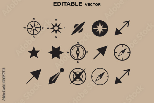 Collection of black vector icons representing compasses stars arrows and a pen nib on a beige background