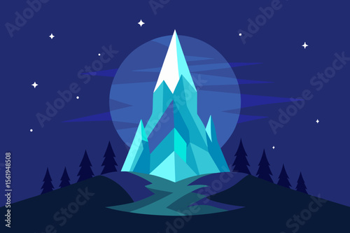 Mystical Ice Mountain Peak under Night Sky A Stunning Landscape Illustration