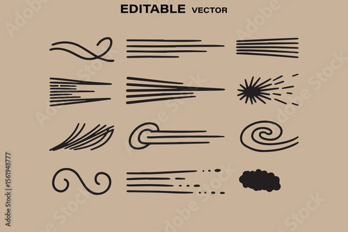 Collection of hand drawn black abstract line art elements and shapes on a beige background
