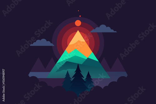 Majestic Mountain Sunset A Vibrant Minimalist Landscape Illustration